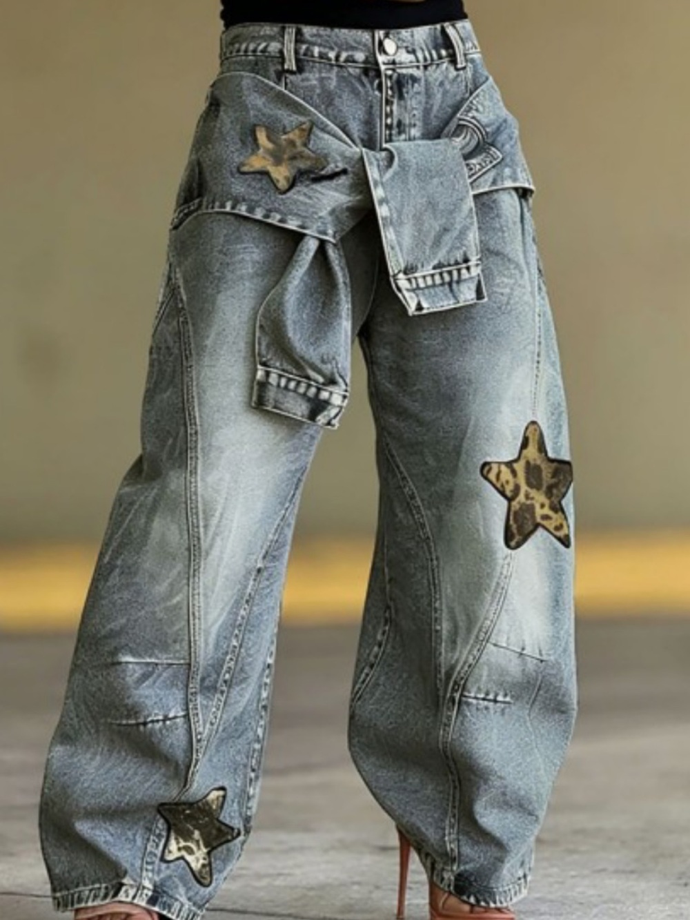 Wide-Leg Star Patch Jeans for Women with Attached Arms Belt
